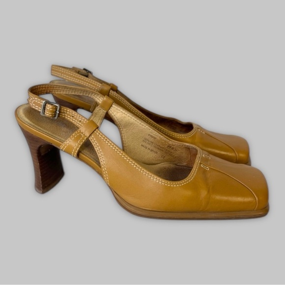 Vintage Hush Puppies Light Tan Y2K 90s Square Toed Sling Back Heels Size 8 - Picture 1 of 14